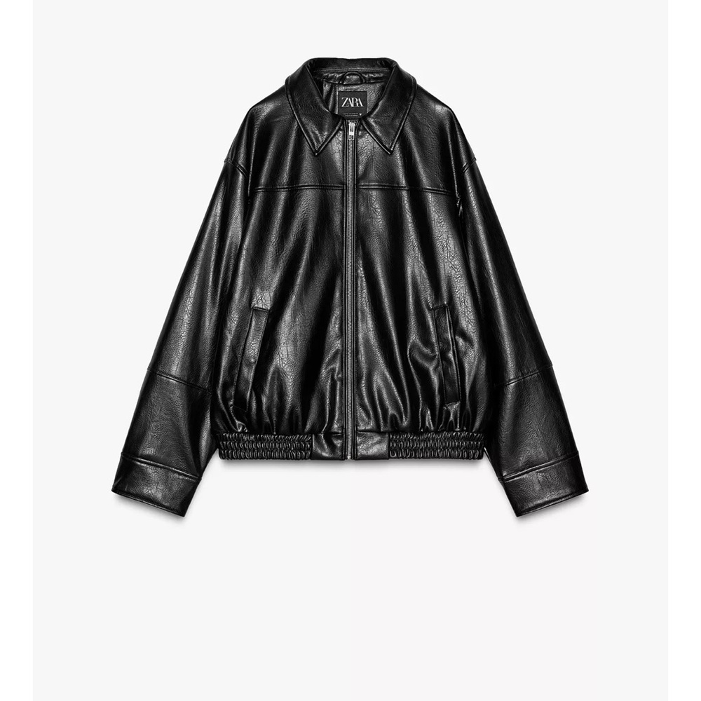Zara Black Leather Bomber Jacket for Women